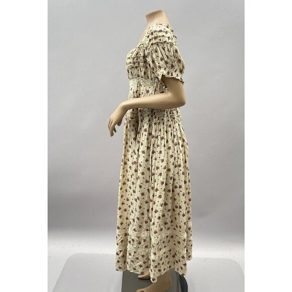Free People Bali Juniper Smocked Floral Midi Dress Puff Sleeves Neutral Women 10 - Picture 7 of 16